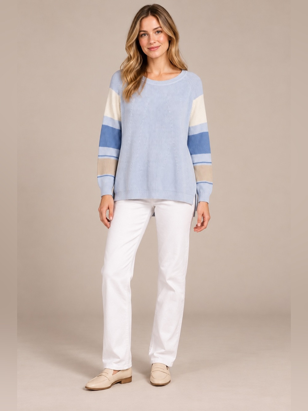 Mersea Camden Blue Cream Stripe Button Back Ribbed Knit Sweater OS